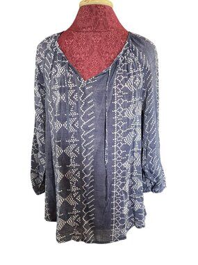 Fred David Womens Boho Style Blue & White Printed Long Sleeve Blouse Size S